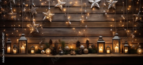 Christmas ornaments adorning vintage wooden plank. Merry and bright festive celebration.