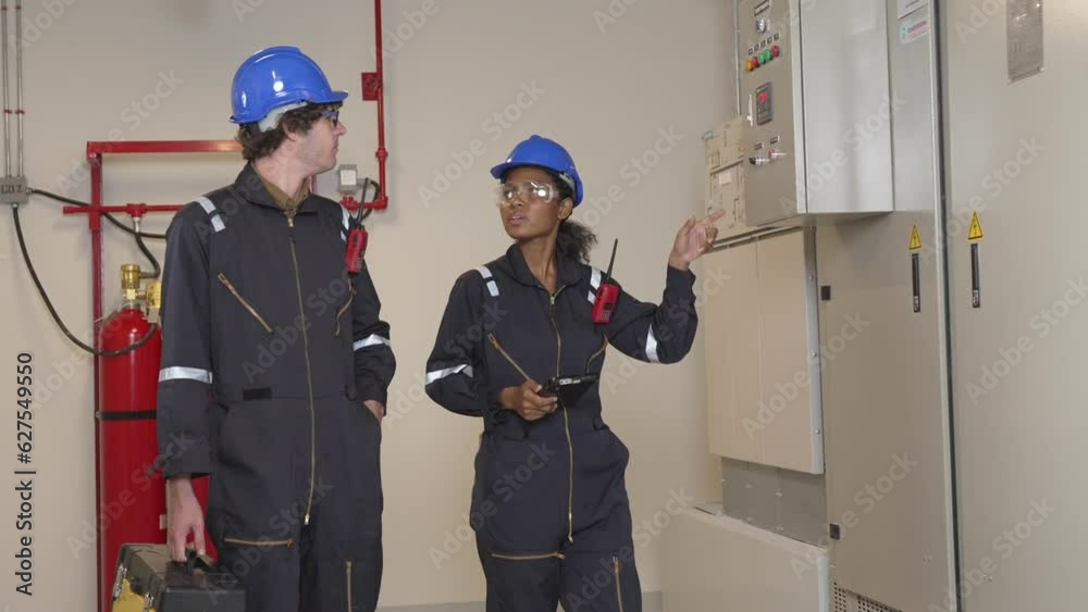 Engineers check control systems for the proper functioning of critical components such as air conditioning ducts, compressors, HVAC compressors, water tanks, and fire control systems. Engineers check control systems for the proper functioning of critical components such as air conditioning ducts, compressors, HVAC compressors, water tanks, and fire control systems.