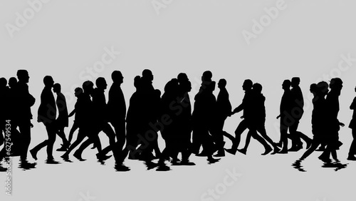Glitchy image of silhouettes of people walking on a white background.