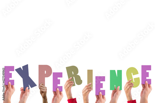 Digital png illustration of hands with experience text on transparent background