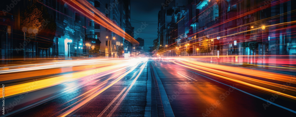 Obraz premium Long exposure of car lights at night on city streets. Generative AI