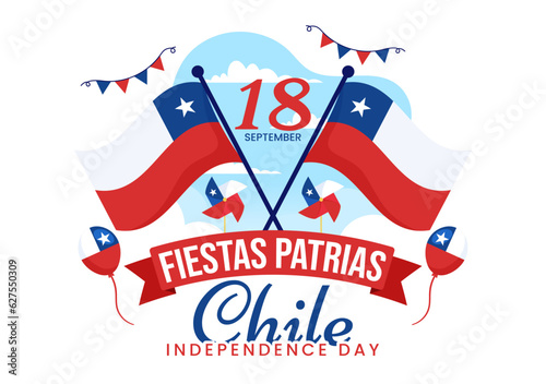 Chile Independence Day Vector Illustration of Fiestas Patrias Celebration with Waving Flag in National Holiday Flat Cartoon Hand Drawn Templates