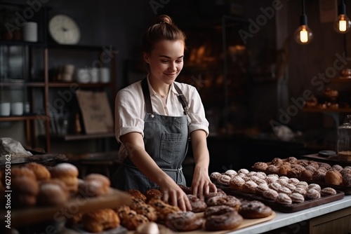 A cheerful mature female baker, she is smiling to the camera and standing in her bakery store.