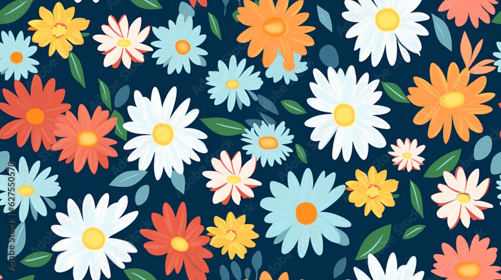 Daisy Flower Pattern with Vibrant Colors, Perfect for Invitations, Fabrics, and Floral-Themed Decorations. Generative AI