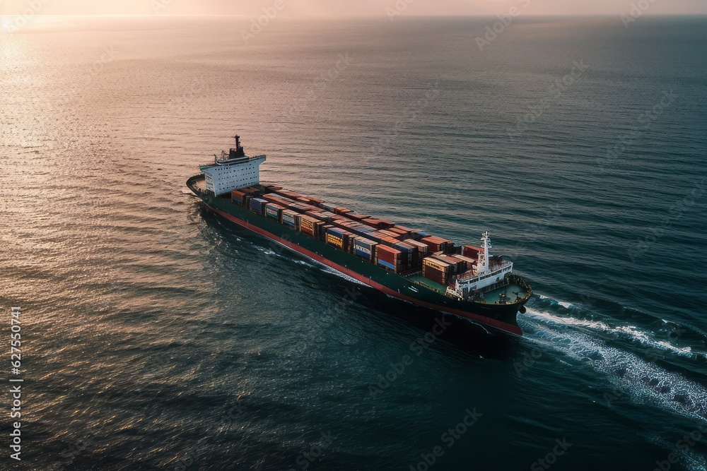 The boat transportation is floating in the blue sea with aerial view from drone.