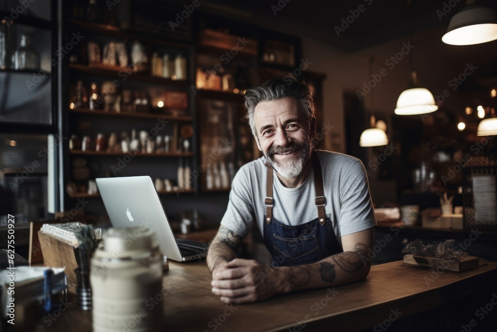 A cheerful barista in middle-age is smiling in his wooden counter at the coffee shop. A cheerful barista in middle-age is smiling in his wooden counter at the coffee shop.