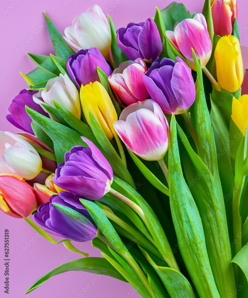 Colorful bouquet of beautiful tulips. Full frame background. Greeting card with copy space for your advertising text message for Valentine's Day, Woman's Day and Mother's Day.