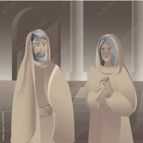 Zechariah and Elizabeth were both righteous before God, walking in all the commandments and ordinances of the Lord blameless. Luke 1:5-7. Birth of John foretold. Vector Bible stories illustration.