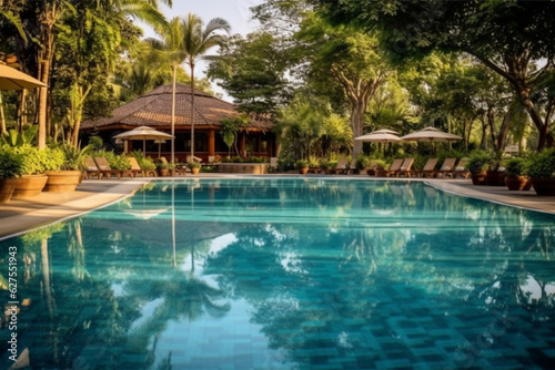 Swimming pool with gazebo in luxury hotel resort.