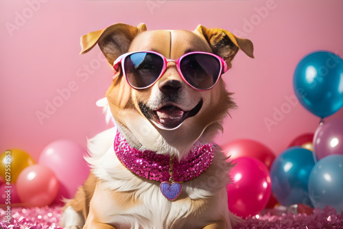 Happy dog in pink party sunglasses © GIHAN