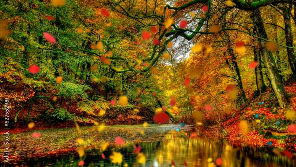 Beautiful autumn fantasy landscape with trees and river. Colorful leaves fall down. Seamless looping video animated background.