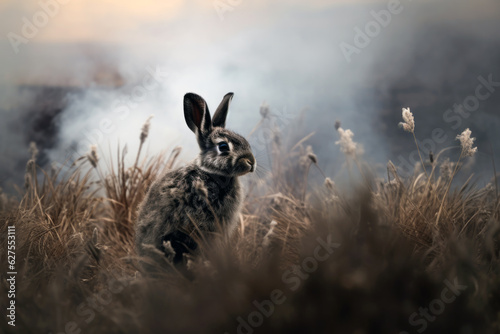 Rabbit in the smoke of a wildfire sitting in grass