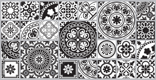 Set of patterned floor tiles. Mediterranean seamless pattern. Traditional Portuguese tiles. Vector illustration.
