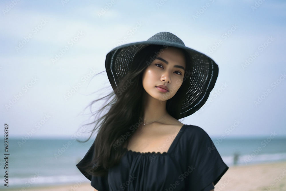 Black-haired Asian woman exudes elegance in a stylish black dress, blending Japanese, Korean, and Chinese styles, posing gracefully by the sea in a vintage film photo theme. Generative AI. Black-haired Asian woman exudes elegance in a stylish black dress, blending Japanese, Korean, and Chinese styles, posing gracefully by the sea in a vintage film photo theme. Generative AI.