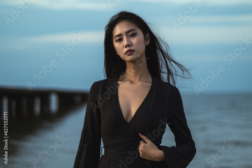 Black-haired Asian woman exudes elegance in a stylish black dress, blending Japanese, Korean, and Chinese styles, posing gracefully by the sea in a vintage film photo theme. Generative AI. © Surachetsh