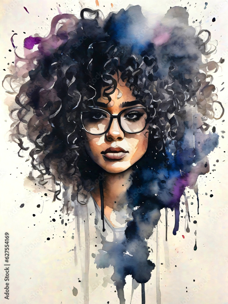Fototapeta premium Watercolor portrait of a woman with curly black hair.