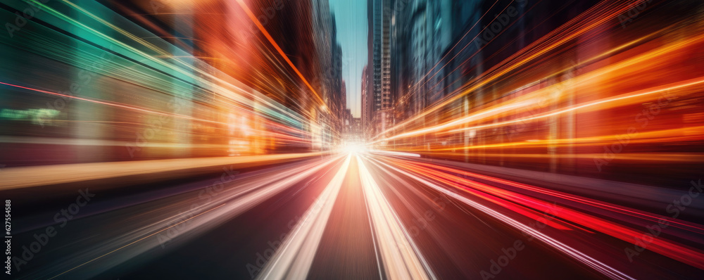 Long exposure of car lights at night on city streets. Panoramic view. Generative AI