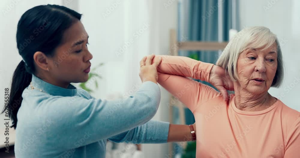 Physiotherapy, senior or woman stretching elbow to help physical therapy for mobility rehabilitation. Elderly patient, chiropractor or physiotherapist with muscle healing exercise for shoulder injury Physiotherapy, senior or woman stretching elbow to help physical therapy for mobility rehabilitation. Elderly patient, chiropractor or physiotherapist with muscle healing exercise for shoulder injury