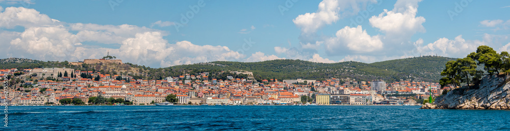 Panoramic view of Šibenik from the St. Anthony Channel in the state of Šibenik-Knin Croatia