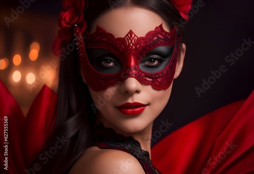 Beautiful woman in a masquerade mask wearing a red party dress in a party background. Generative AI © DigitalCanvas