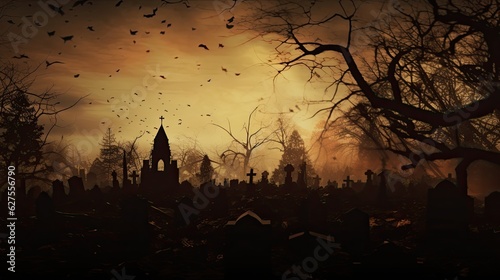 Mysterious graveyard silhouette under a full moon on Halloween night. Spooky and eerie atmosphere for horror designs.