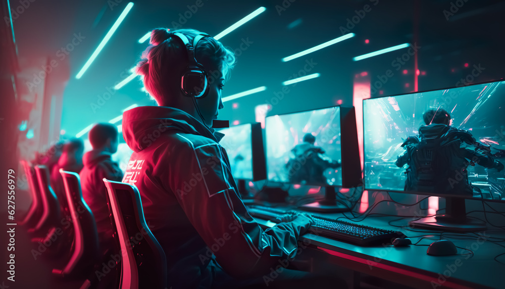 illustration of E-sport gaming player with teams in championship tournament with speed light neon stlye.competition and strategy.online stream entertainment.ai generated image illustration of E-sport gaming player with teams in championship tournament with speed light neon stlye.competition and strategy.online stream entertainment.ai generated image