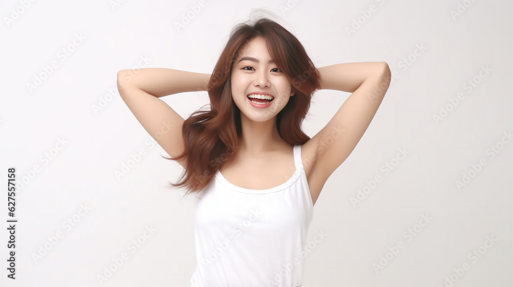 A young and pretty woman in a white underwear dress exudes joy and relaxation, raising her arms wide with a cute smile, revealing her smooth armpits against a pristine white background. Generative AI. A young and pretty woman in a white underwear dress exudes joy and relaxation, raising her arms wide with a cute smile, revealing her smooth armpits against a pristine white background. Generative AI.