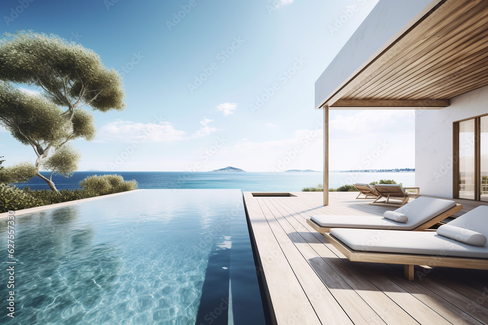 Fototapeta premium Generative AI. The edge Luxury swimming pool with white fashion deckchairs on the beach., Exterior design. Luxury Holiday Villa With Infinity Pool At Sunset 