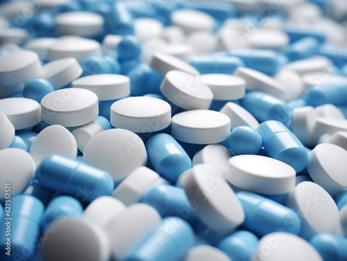 Close up view of white and blue long tablets or pills in different shape.