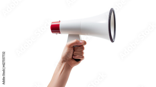 Hand holding megaphone on a white backgorund.
