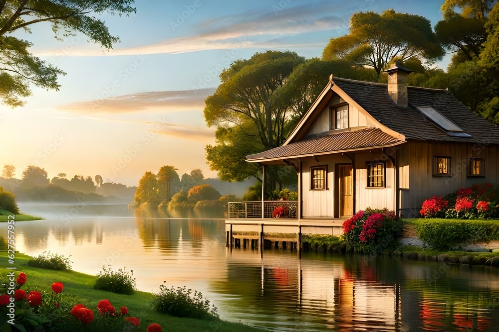 Fototapeta premium house on the river GENRATED AI