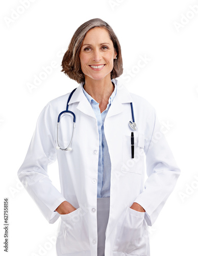 Woman, portrait and smile of doctor isolated on transparent png background for medical help, advice and consultation. Medicine, healthcare manager or mature female therapist with trust for consulting
