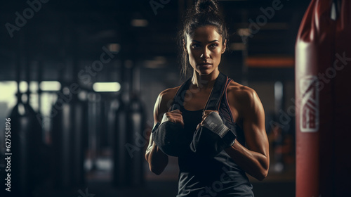 Fotografering Striking image of a female boxer at work in a dimly lit gym - a vivid portrayal