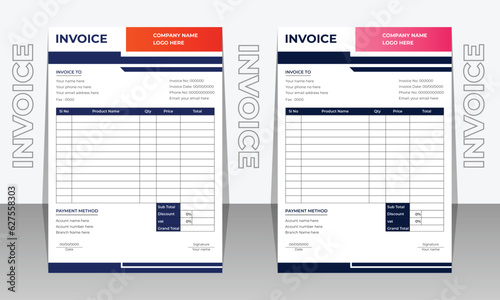 Modern Clean and creative business Invoice design template, Bill form business invoice accounting, business stationery design payment agreement design.