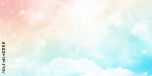 Clear pink and blue sky and white cloud detail with copy space. Summer heaven with colorful sweet sky. Sugar cotton pink clouds for design.Fantasy pastel background. Vector illustration.