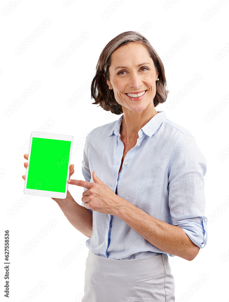 Business woman, portrait and tablet with green screen mockup for presentation, information or isolated on transparent png background. Happy mature manager show space on digital technology for sign up Business woman, portrait and tablet with green screen mockup for presentation, information or isolated on transparent png background. Happy mature manager show space on digital technology for sign up