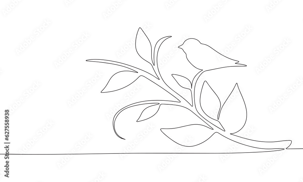 Bird on branch outline. Bird silhouette. One line continuous vector illustration. Line art, outline, vector
