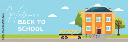 Welcome back to school horizontal banner with school building, school buss and children go to school. Panoramic background with graduation concept in flat style