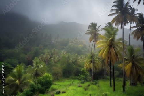 Rainy Season, Coconut Trees Against Mountain Backdrop. Generative AI