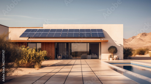 A modern minimalist white house in desert is comfortable and equipped with solar cells