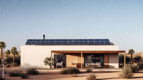 A modern minimalist white house in desert is comfortable and equipped with solar cells