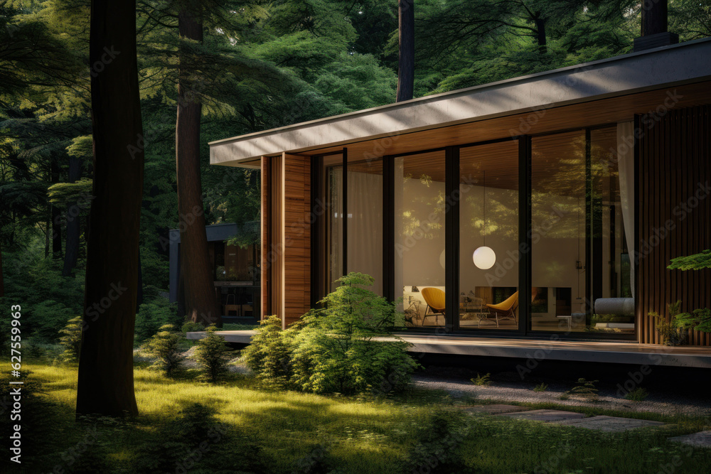 Modern minimalist house in shady forest garden, comfortable living, next to solar cells