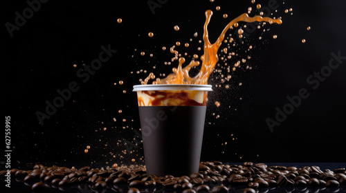 Coffee to go fragrant drink splashes with falling down coffee beans and steam on black background