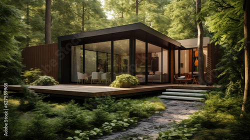 Modern minimalist house in shady forest garden, comfortable living, next to solar cells © EmmaStock