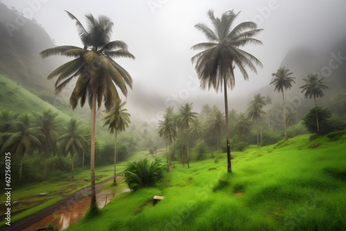 Rainy Season, Coconut Trees Against Mountain Backdrop. Generative AI