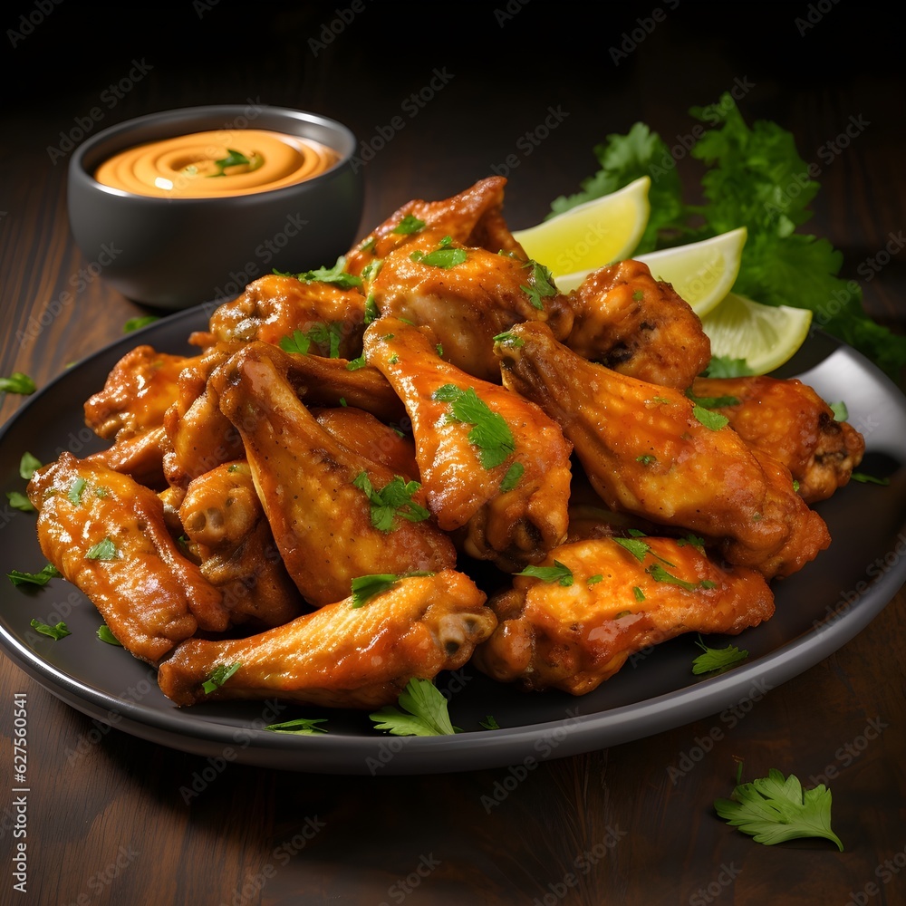 Close-up shot of a plate of delectable perfectly breaded and   crispy peri peri chicken wings with peri peri sauce and other sauces with french fries. Created with Generative AI Technology. 