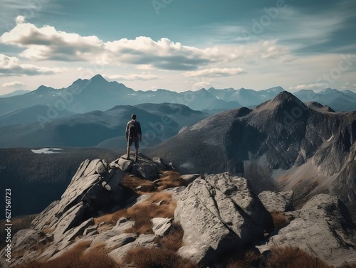 A scenic mountain landscape with a hiker standing on a rocky peak generative ai © Generative Ai