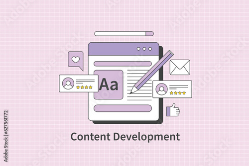 Website layout interface UI, UX development. Content creation and management with CMS software system. Landing page content for social media and search advertising, vector illustration web banner.