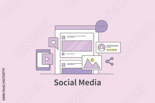 Filled outline vector illustration of social media post engagement, content marketing, brand message delivery with video and visual ads, abstract business concept. 