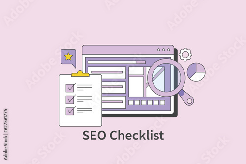 Website ranking on search engine page, complete SEO report, tick on checklist clipboard, online business project management, vector illustration purple background.